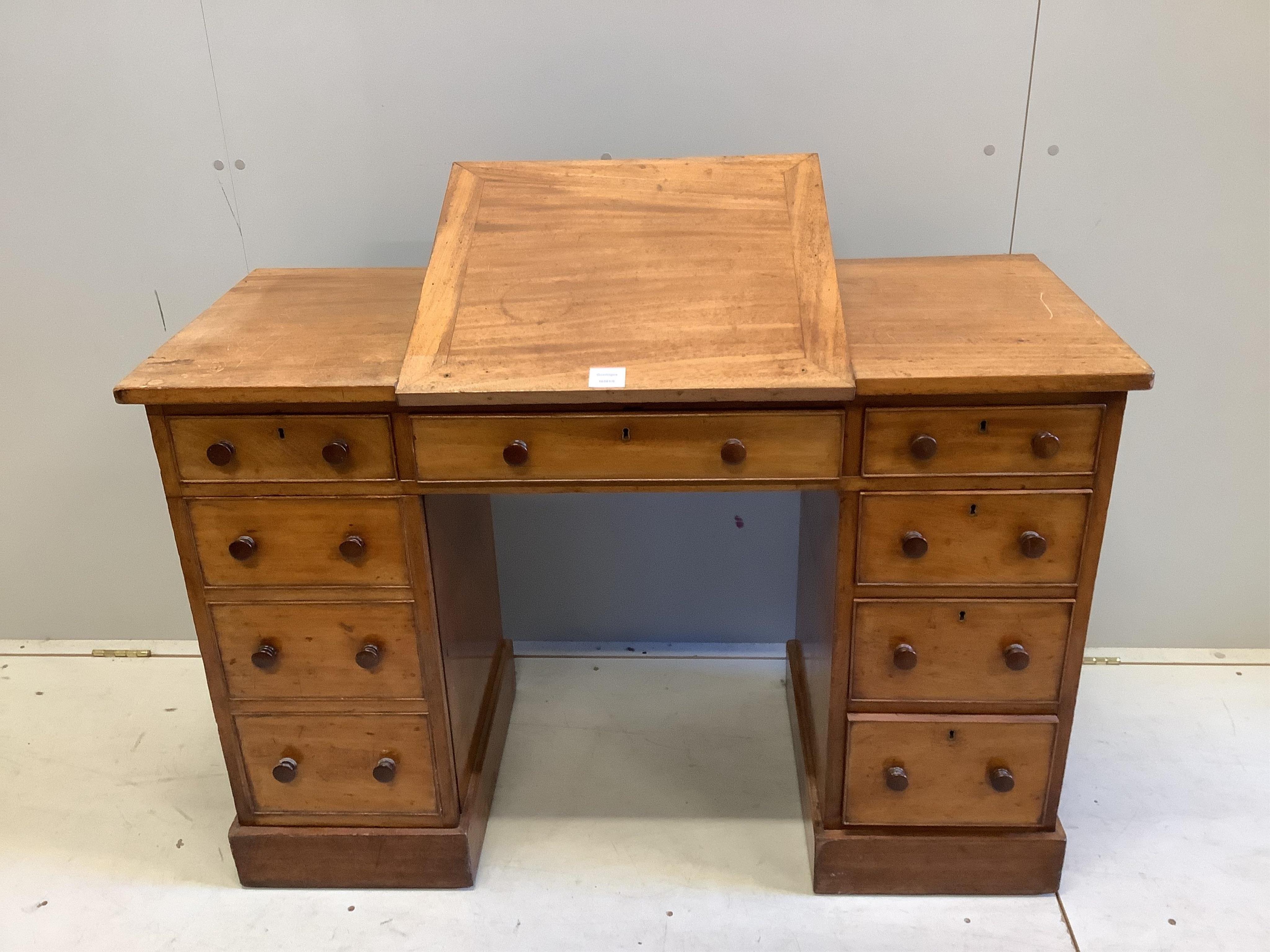 A Victorian pale mahogany metamorphic kneehole desk by Miles & Edwards, 134 Oxford Street, London, width 114cm, depth 48cm, height 76cm. Condition - fair to good.